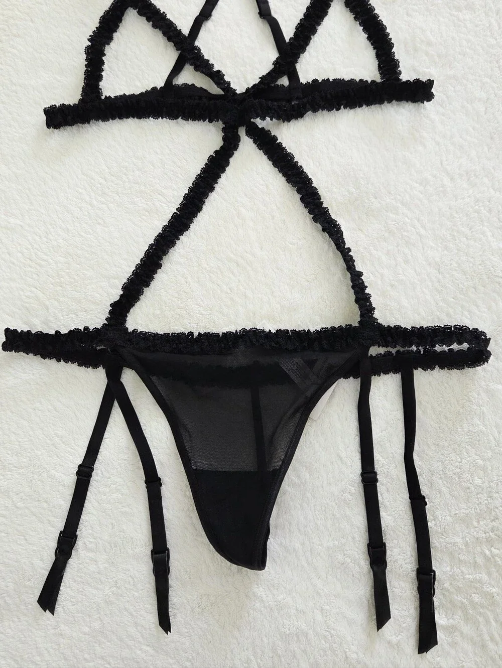 Adore Me ✨️ Women's Black Lace Strappy Bra and Panty Set with Gold Accent Size L